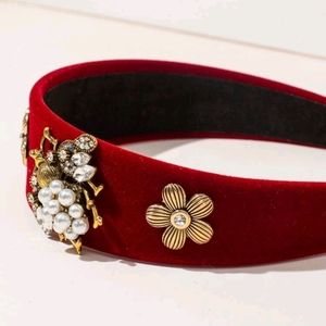 "NEW" Velvet Red Headband bee and flower